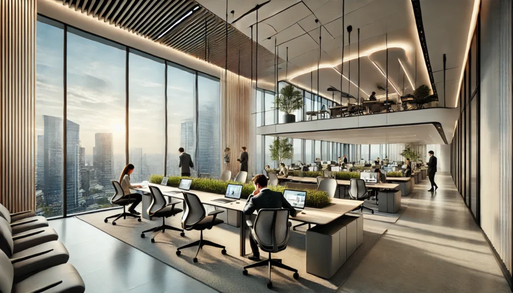  Modern office space with natural lighting, ergonomic furniture, collaborative zones, quiet areas, and indoor plants